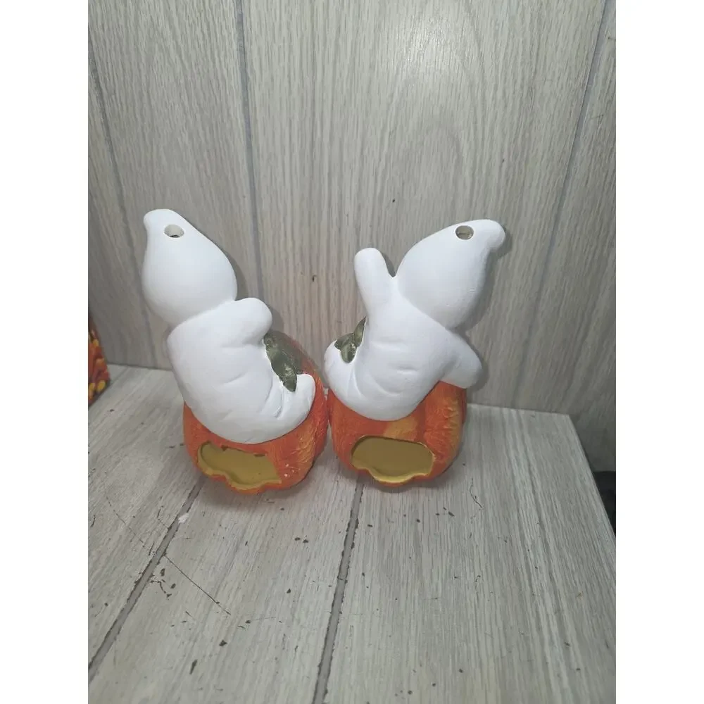 Alco Set of 2 Hand Painted Ceramic GHOST JACK O LANTERN Candle Holders NIB